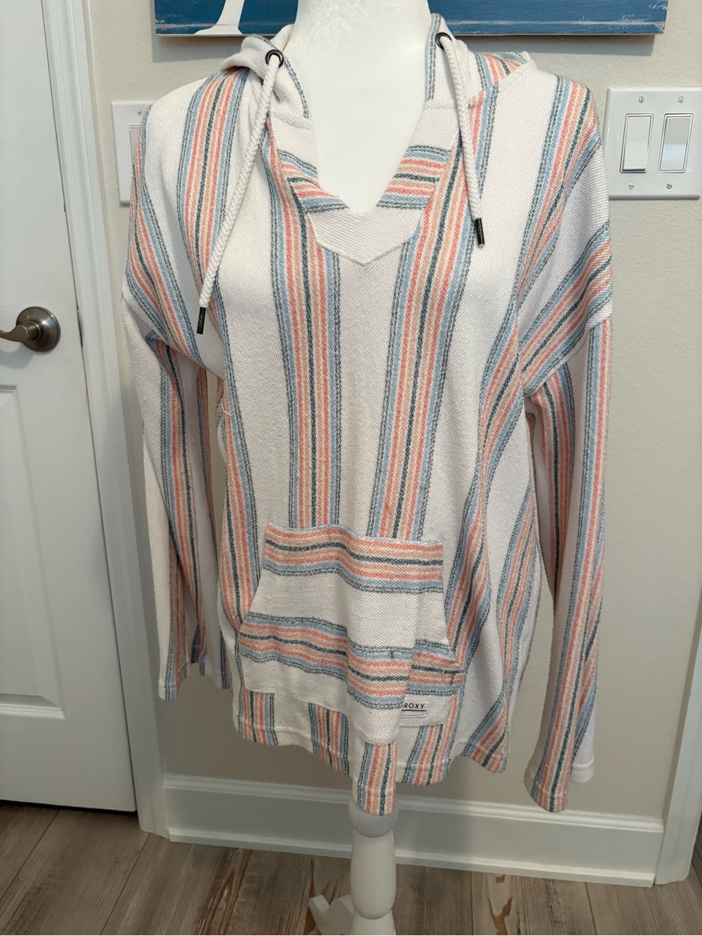 Roxy Women's Cream Striped Hooded Sweater